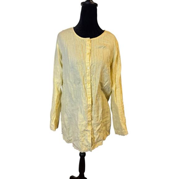 Style & Co. Women’s Yellow Linen Button Front Blouse Size 10 Long Sleeve Crochet - Picture 1 of 6
